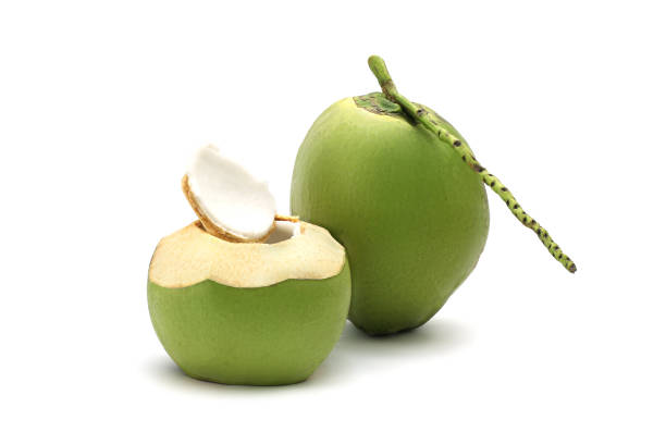 kokosnuss reif und lecker isoliert auf weißem hintergrund - green ground juice freshness stock-fotos und bilder