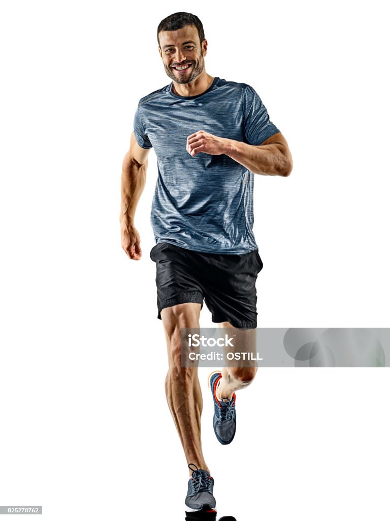 man runner jogger running jogging isolated shadows one caucasian man runner jogger running jogging isolated on white background with shadows Adult Stock Photo