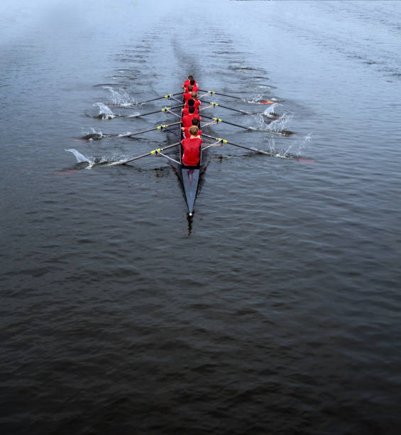 Rowing eight man Aerial view of eight man team boat training on the rowing channel the Bosbaan in Amsterdam. The Netherlands. water athlete competitive sport vertical stock pictures, royalty-free photos & images