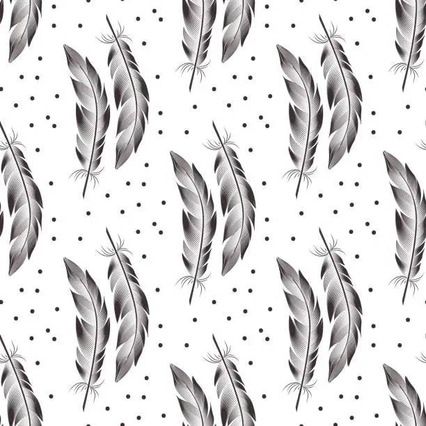 Vector illustration of Seamless pattern of black big feathers and dots. Contours vector graphics