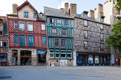 Rennes, France - July 30 2017: Old half-timbered houses in the old city center of Rennes in Brittany.