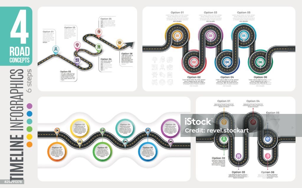 Navigation map 6 steps timeline infographic concepts. 4 winding Navigation map 6 steps timeline infographic concepts. 4 winding roads. Vector illustration set Road Map stock vector