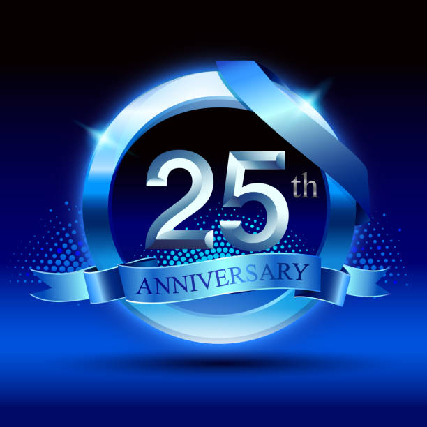 Celebrating 25th anniversary Design, with silver ring and blue ribbon isolated on blue black background. vector art illustration