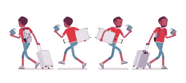 Black male tourist walking and running Black male tourist walking and running. Young man with luggage late for the flight, hurry for the plane. Travel and tourism concept. Vector flat style cartoon illustration, isolated, white background priority baggage tag stock illustrations
