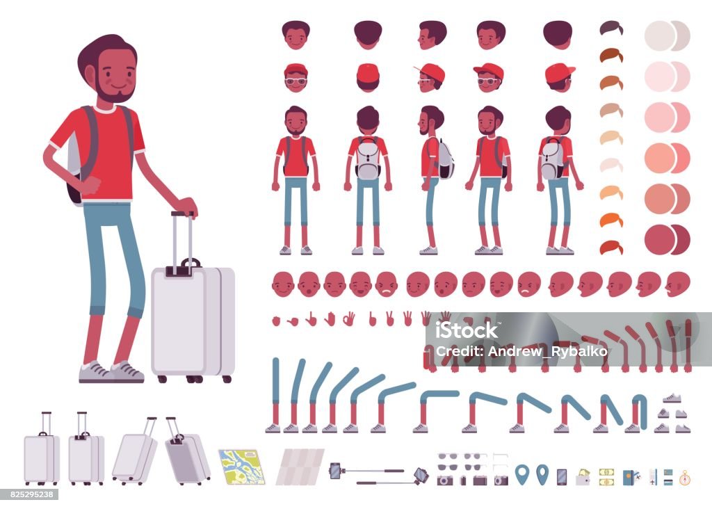 Black male tourist with trip luggage, rucksack. Character creation set Black male tourist with trip luggage and rucksack. Character creation set. Full length, different views, emotions and gestures. Build your own design. Cartoon flat-style infographic illustration Characters stock vector