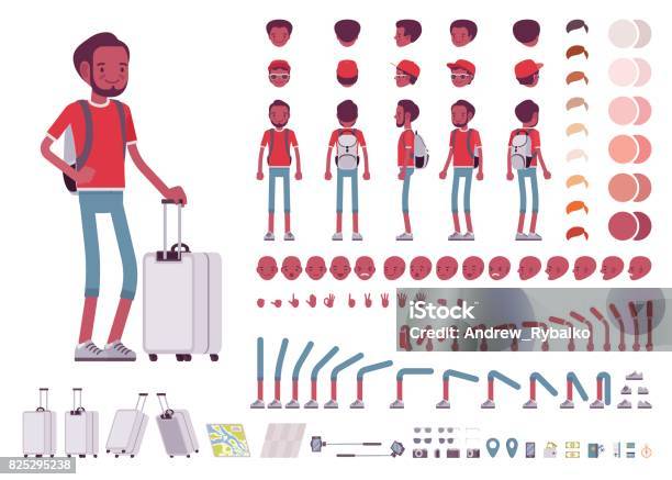Black Male Tourist With Trip Luggage Rucksack Character Creation Set Stock Illustration - Download Image Now