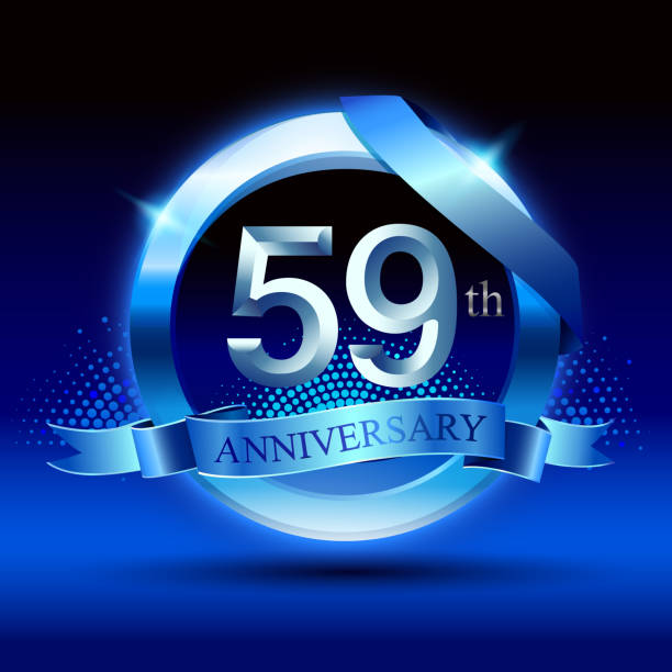 illustrazioni stock, clip art, cartoni animati e icone di tendenza di festeggia il 59° anniversario del design, con anello d'argento e nastro blu isolato su sfondo nero blu. - numero 59