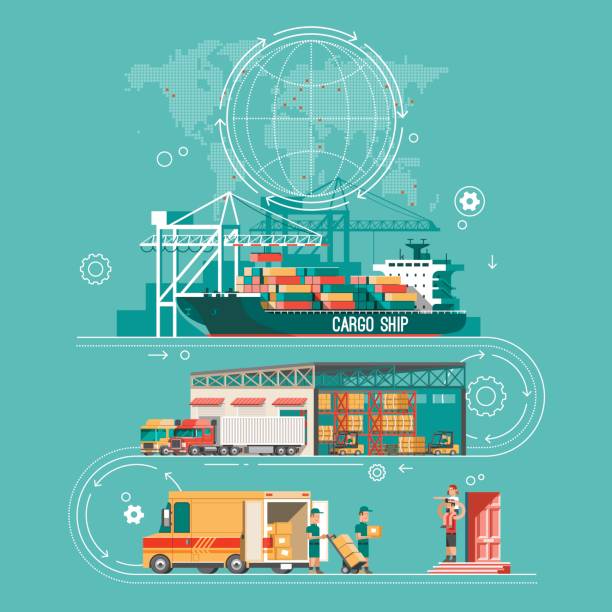 ilustrações, clipart, desenhos animados e ícones de conceito de serviço de entrega. contentorizada navio carregamento, carregador de caminhão, armazém, van. ilustração do vetor de estilo simples. - sea freight transportation transportation shipping