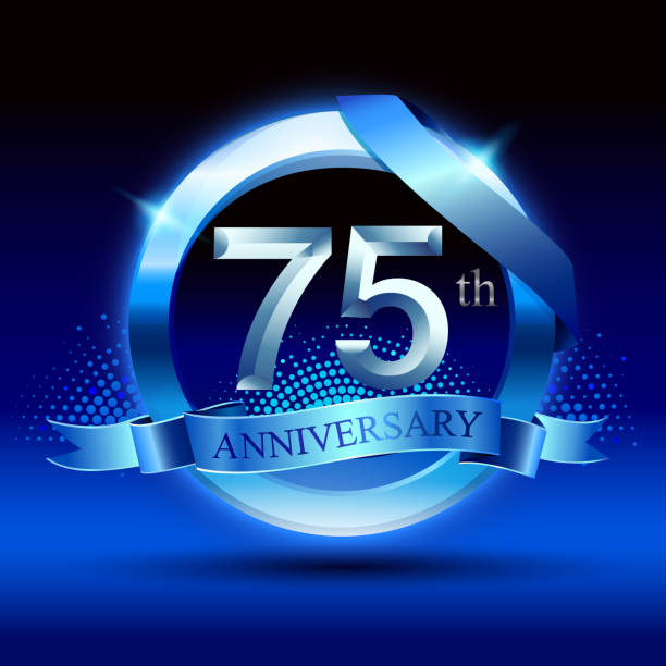Celebrating 75th anniversary Design, with silver ring and blue ribbon isolated on blue black background. anniversary design template 75th anniversary stock illustrations