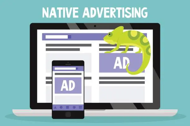 Vector illustration of Native advertising conceptual illustration. Chameleon as a metaphor of native ads / flat editable vector illustration, clip art