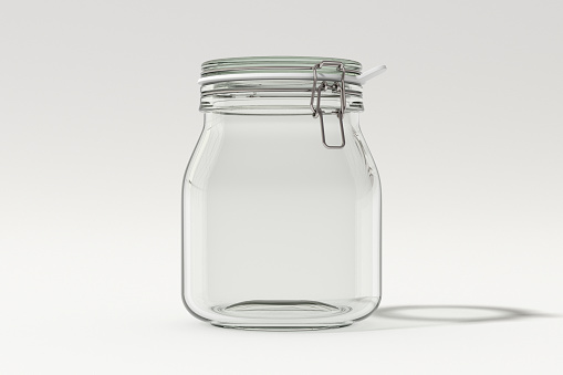 Empty glass jar with clamp lid. Isolated on white background with clipping path around jar. 3d illustration