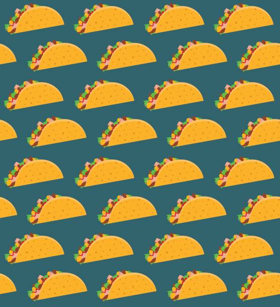 мексиканский фаст-фуд бесшовный узор с тако на фоне аквамарина - mexican cuisine cartoon taco kidney bean stock illustrations