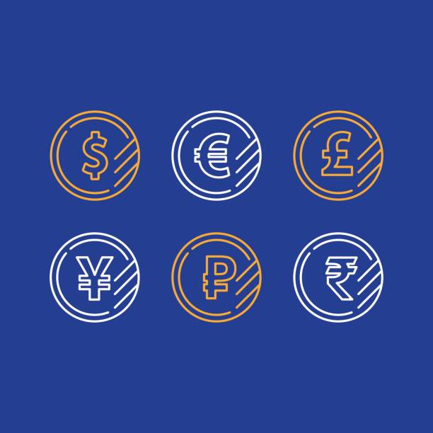 Dollar coin, euro sign, pound line icon, yen currency, ruble symbol Currency exchange, dollar sign, euro pound yen ruble coins, business and finance investment, vector line icons coin outline stock illustrations