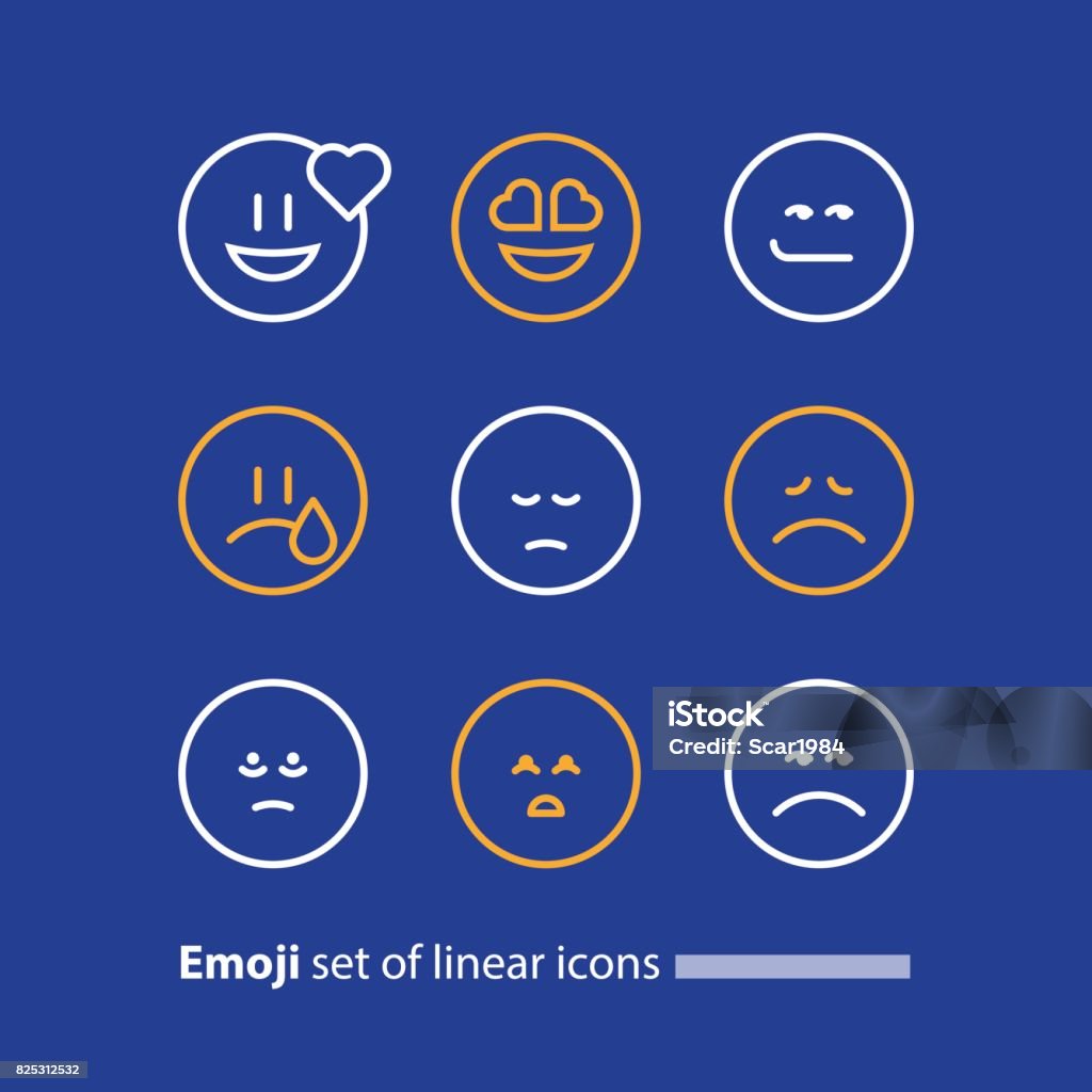 Emoji line icons, smile symbol, emotions and feelings expressing Set of linear emoji icons, black white mono line design, vector facial expressions, emoticon collection Abandoned stock vector