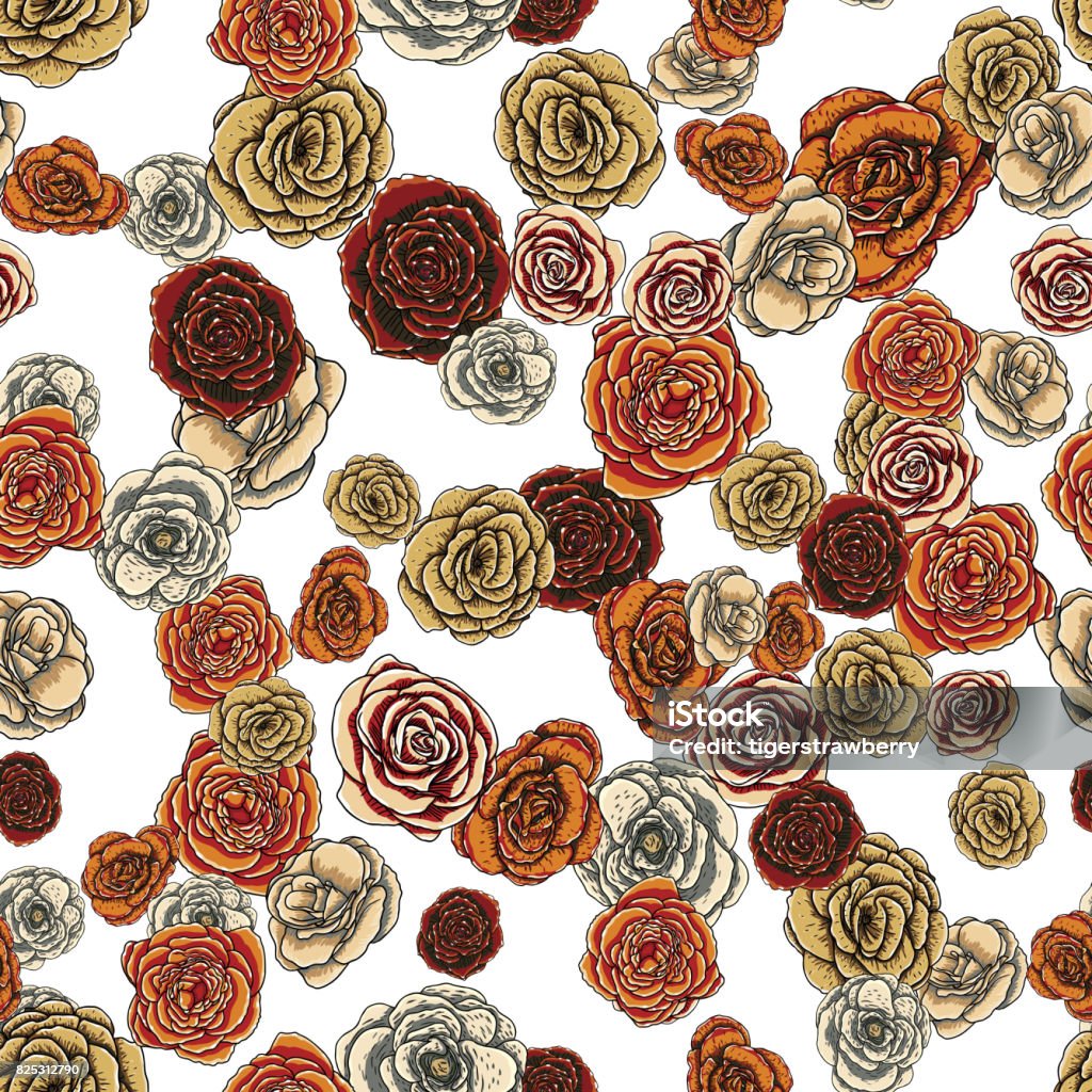 Repetition Roses Roses Bloom Heads Seamless Pattern Endless Handdrawn Repetition Vector ...