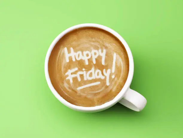 Happy Friday Coffee Cup Concept isolated on green background