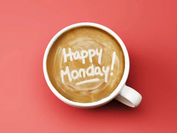 Happy Monday Coffee Cup Concept isolated on red background