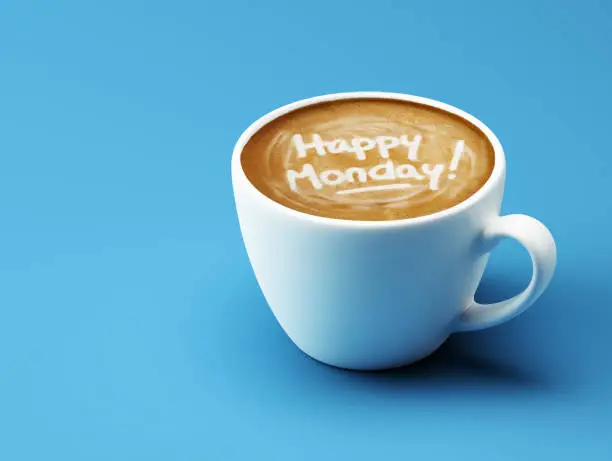 Happy Monday Coffee Cup Concept isolated on cyan background