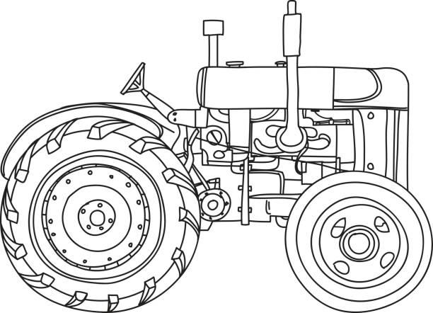 오래 된 빈티지 트랙터 빈티지 손으로 그린 귀여운 벡터 라인 아트 그림 - diesel engine machine part machine stock illustrations