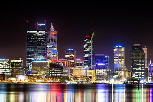 Cityscape Perth, Western Australia, Australia. Perth CBD at night with Elizabeth Quay and the new bridge.