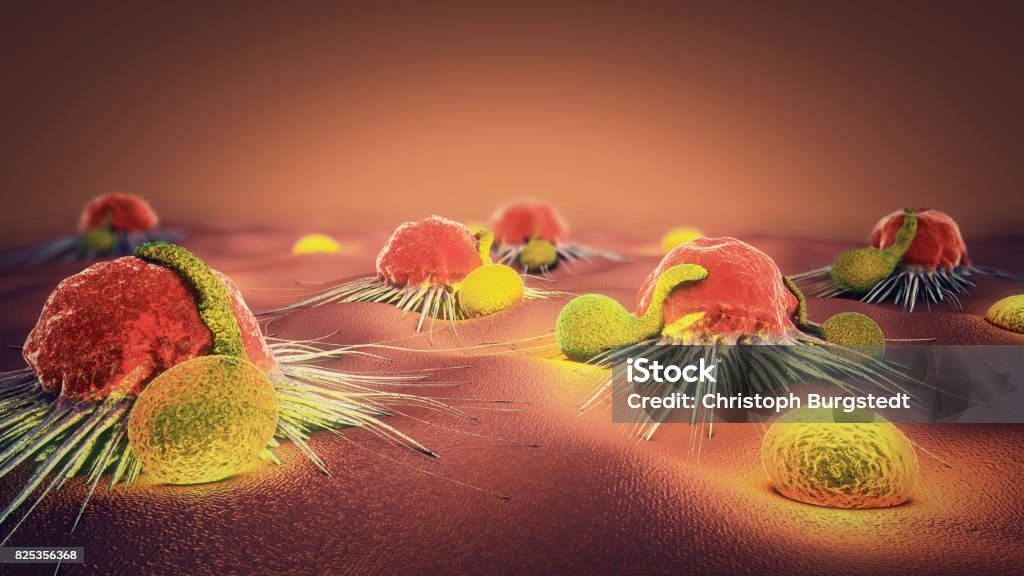 3d illustration of a cancer cell and lymphocytes Metastasis Stock Photo