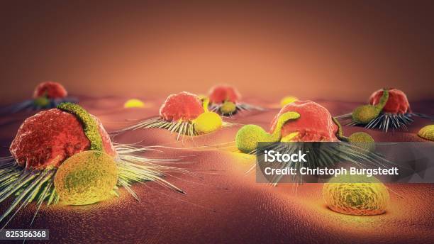 3d Illustration Of A Cancer Cell And Lymphocytes Stock Photo - Download Image Now - Metastasis, Cancer Cell, Cancer - Illness