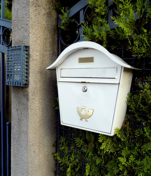 istock White retro styled mail box and door bell on the gate 825359760