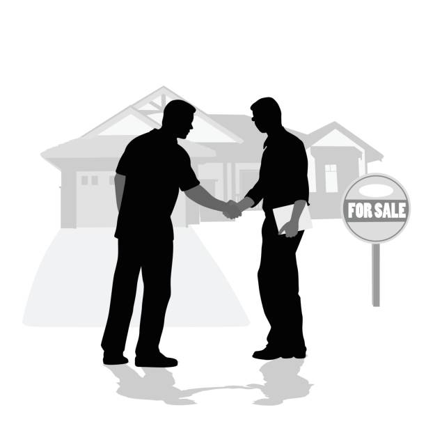 House For Sale Handshake Real estate silhouette vector illustration of a Real Estate Agent shaking hands with a client in front of a house for sale silhouette of a thanksgiving greetings stock illustrations