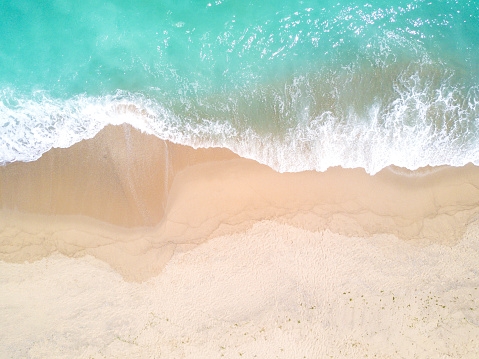 Aerial view of Aqua marine ocean with waves breaking on white sand beach with palm tree shadows, Florida.