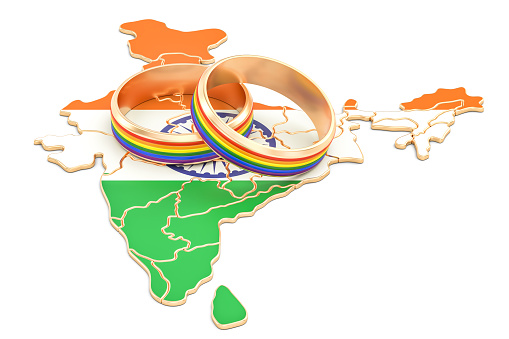 Indian map with LGBT rainbow rings, 3D rendering