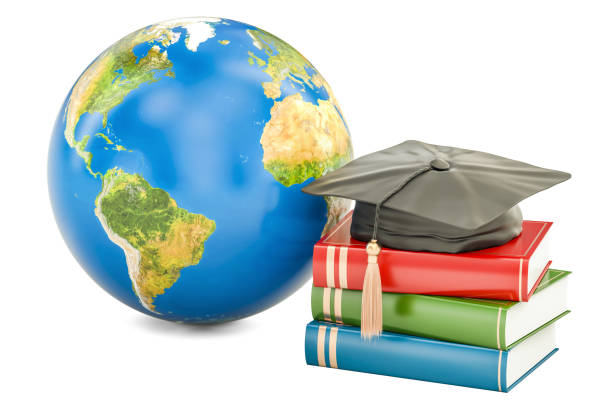 istock Global education concept, Earth with books and graduate cap 825372596