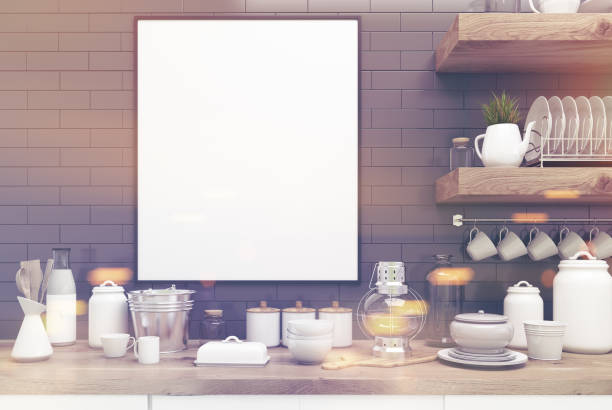 istock Gray kitchen with poster, shelves close up toned 825372884