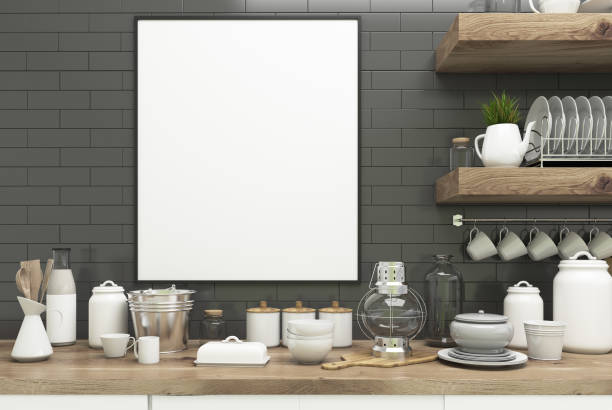 istock Gray kitchen with poster, shelves close up 825376450