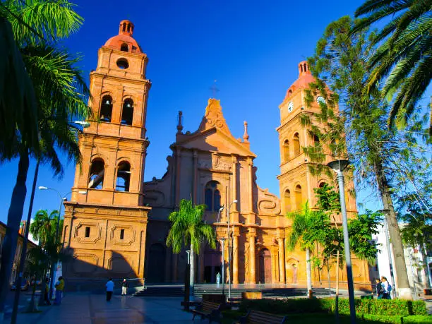 Red brick cathedral on main square, Roman Catholic Archdiocese of Santa Cruz de la Sierra, Bolivia