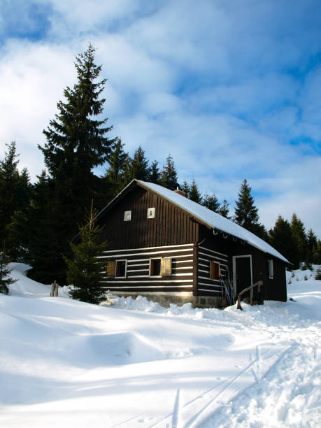 istock Small mountain hut in winter time 825382778