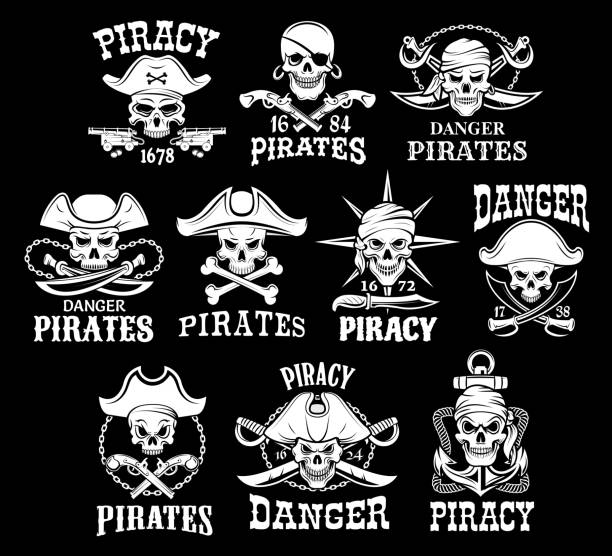 ilustraciones, imágenes clip art, dibujos animados e iconos de stock de piratas negros iconos de banderas de piratería de vector - pirate flag