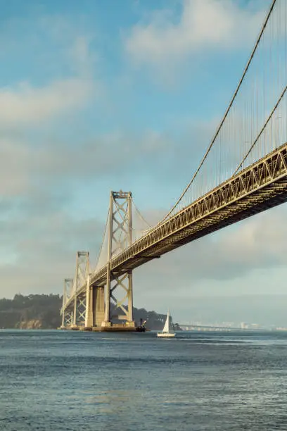 Stock photo of the San Francisco, Oakland Bay Bridge from San Francisco. The bridge was built in 1936 and is currently one of the nations busiest suspension bridges.