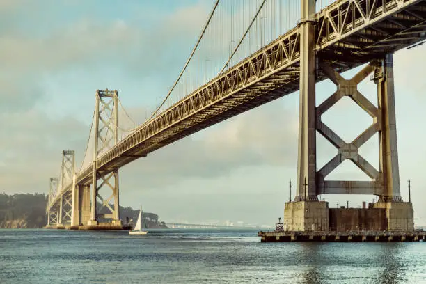 Stock photo of the San Francisco, Oakland Bay Bridge from San Francisco. The bridge was built in 1936 and is currently one of the nations busiest suspension bridges.
