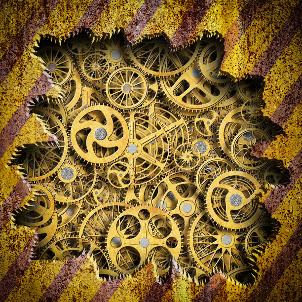 istock Background torn metal plates with a mechanism unit Iron, 3d, illustration 825386978