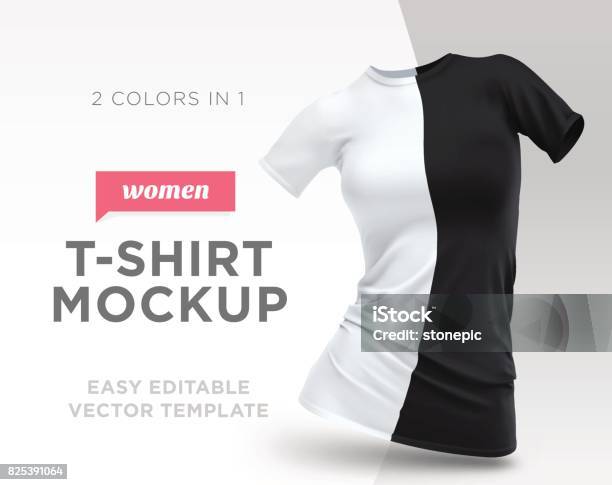Realistic Template Blank White And Black Woman Tshirt Cotton Clothing Empty Mock Up Illustration Stock Illustration - Download Image Now