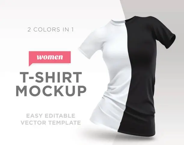 Vector illustration of Realistic Template Blank White and Black Woman T-shirt Cotton Clothing. Empty Mock Up illustration