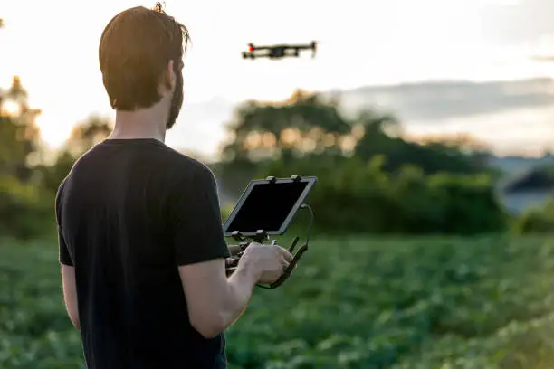 Photo of Man Pilot Using Drone Remote Controller at Sunset