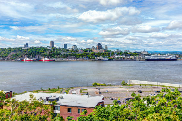 cityscape and skyline of quebec city with saint lawrence river and boats - lawrence quebec canada north america imagens e fotografias de stock