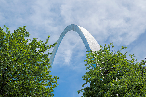 The Gateway Arch set against a blue sky in St. Louis, Missouri.