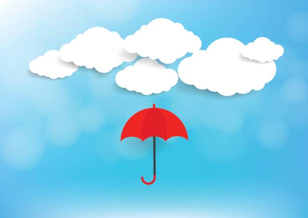 istock Red umbrella with blue sky and clouds background. Paper art style. Vector illustration 825410280