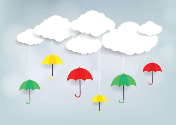 istock Umbrella with blue sky and clouds background. Paper art style. Vector illustration 825413614