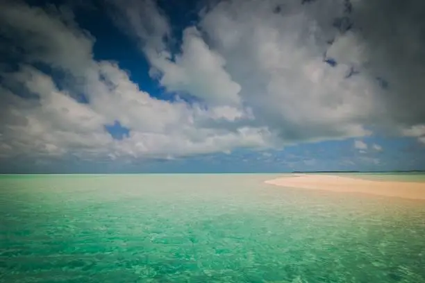 A small sandbar in the middle of the Exuma Islands, with the turquoise water surrounding it.