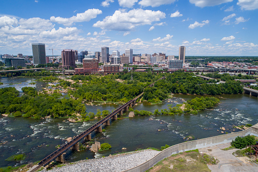Aerial drone photo of Downtown Richmond VA and James River landscape