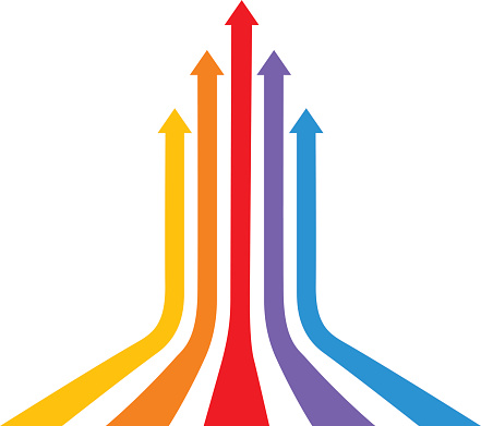 Vector illustration of five multi colored curved direction arrows.