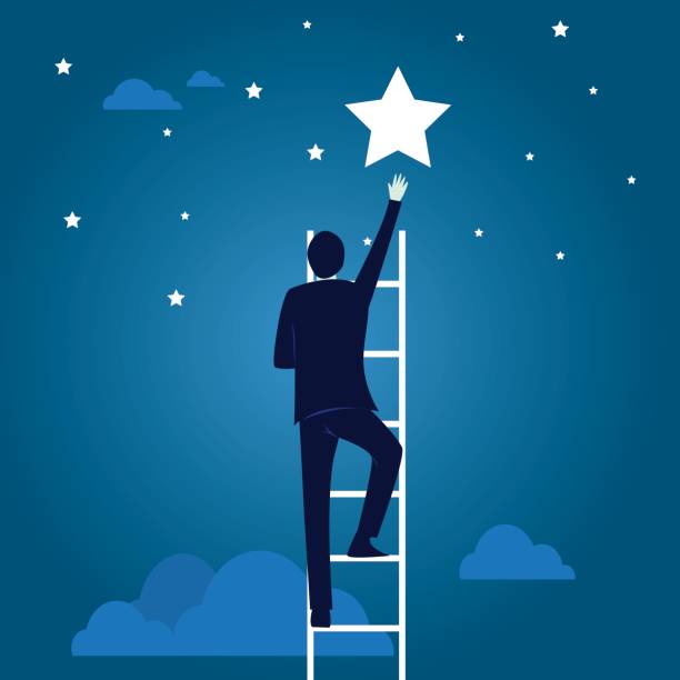 ilustrações, clipart, desenhos animados e ícones de conceito de negócio alvo. escalando a escada para alcançar a estrela - staircase determination goal high up